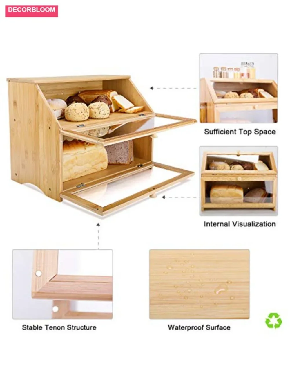 Double Layer Bamboo Bread Box with Clear Window, Large Capacity